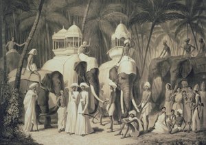 Travandrumin rajan elefantteja, Louis Henri de Rudderin (1807-81) kaiverruksesta "Matka Intiassa".