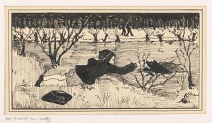 Tyttö yrittää pelastaa koiran heräämisestä tekijältä A. Tinbergen (signed by artist)