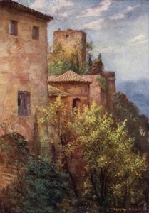 Granada, Alhambran ulkopuoli (väri litho) tekijältä A. Trevor Haddon