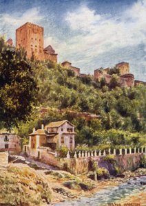 Granada, Huvilat Darro-joen rannalla (väri litho) tekijältä A. Trevor Haddon