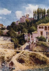 Alhambra, Torre de las Damas Darro-joesta (väri litho) tekijältä A. Trevor Haddon