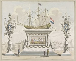 Kauppa ja merenkulku, koristelu Nieuwmarktilla, 1795 Kymmenen lautasta Amsterdamin Alliantiefeestin koristeista vuonna 1795 (sarjan nimi) tekijältä A. Verkerk