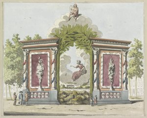 Taide ja tieteet, koristelu Noordermarktilla, 1795 Kymmenen lautasta Amsterdamin Alliantiefeestin koristeista vuonna 1795 (sarjan nimi) tekijältä A. Verkerk