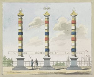 Vapaus, veljeys ja tasa-arvo, koristelu Hogesluissa, 1795 Kymmenen lautasta Amsterdamin Alliantiefeestin koristeista vuonna 1795 tekijältä A. Verkerk
