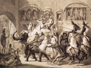 Katu Lahoressa, Voyagesta Intiassa, kaiverrus Louis Henri de Rudder (1807-81) 1842 (sävytetty litho) tekijältä A. after Soltykoff