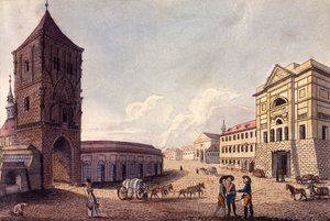 Ruutitorni ja Hybernin tullitalo, Praha, n. 1810 (värillinen etsaus)