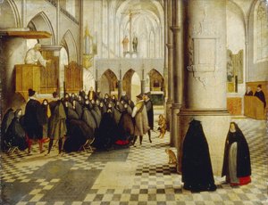Jumalanpalvelus. Maalaus Abel Grimmer (1570-1619), öljy puulle