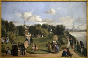 Näkymä Rochellelle (Marie Theresen kylpypuutarha). Porvariston hahmoja puistossa: pari juttelee penkillä, miehet tervehtivät naisia, lapsi leikkii vanteella... Alexandre Abel de Pujolin (1785-1861) maalaus, öljy kankaalle