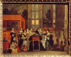 Naisten keskustelu aviomiehensä poissa ollessa: Abraham Bossen (1602-1676) päivällismaalaus 1600-luvun Egouen. Kansallinen renessanssimuseo