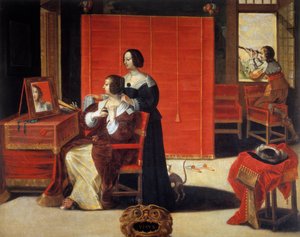 Viisi aistia: Näkymä Nuori nainen peilin edessä, kun mies käyttää tähtitieteellistä kehystä. Abraham Bossen (1602-1676) maalaus. 17. vuosisata. Retket, Kuvataidemuseo