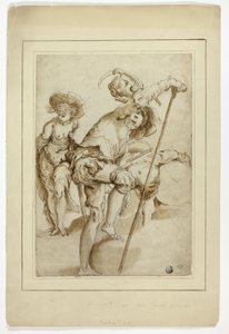 Seisova sotilas, seisova nainen ja kumartuva rumpali. tekijältä Abraham Bloemaert