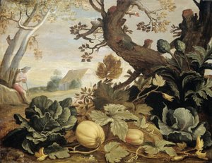 Maisema hedelmien ja vihannesten kanssa etualalla tekijältä Abraham Bloemaert