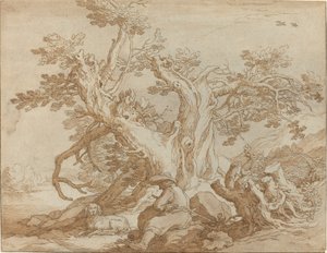 Maisema istuva hahmo ja koira tekijältä Abraham Bloemaert