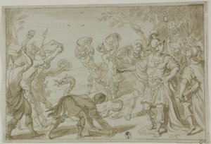 Roomalaiset sotilaat kivittämässä käärmettä tekijältä Abraham Bloemaert
