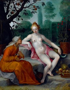 Vertumnus ja Pomona (vuodenaikojen jumala naamioituu vanhaksi naiseksi päästäkseen nymfin hedelmätarhaan) - Abraham Bloemaertin (1566-1651) maalaus, öljy kuparille, noin 1605 - (Vertumnus ja Pomona, Abraham Bloemaert, öljy kuparille, c1605) tekijältä Abraham Bloemaert