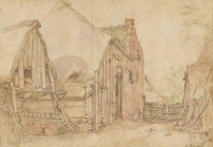 Näkymä maatilan pihalta (etupuoli); puututkielma (kääntöpuoli) tekijältä Abraham Bloemaert