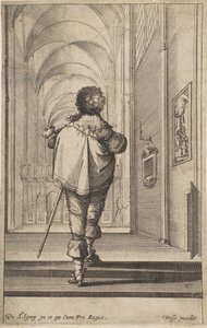 Mies takaa nähtynä kävelemässä kirkkoon, n. 1629. tekijältä Abraham Bosse