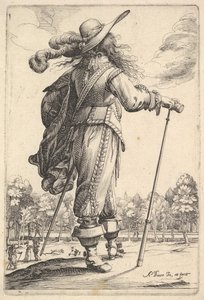 Takaapäin katsottuna oikealle kävelevä herrasmies kepillä ja pukeutunut..., 1629. tekijältä Abraham Bosse