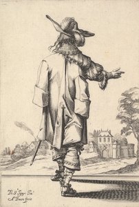 Mies takaa katsottuna, oikea käsi ojennettuna ja viitta vasemman s..., 1629. tekijältä Abraham Bosse