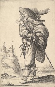Herrasmies, joka kävelee vasemmalle ja vetää miekkansa tupesta, puku päällä..., 1629. tekijältä Abraham Bosse