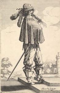 Mies, jolla on lyhyt takki, kypärä ja kannulliset saappaat, seisoo portailla..., 1629. tekijältä Abraham Bosse
