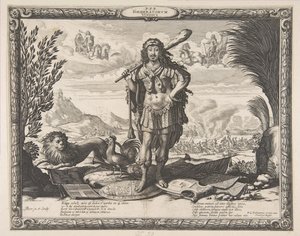 Ludvig XIII:n sodanjulistus Espanjalle: Kuningas Herkuleena, n. 1635. tekijältä Abraham Bosse