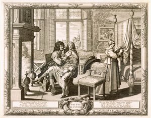Aviomies vaimon kanssa polvillaan takan ääressä, Bosse, Abraham (1602-76) tekijältä Abraham Bosse