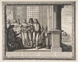 Tuhlaajapoika vaihtaa vaatteita, n. 1636. tekijältä Abraham Bosse