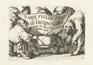 Painosarjan "Various dwarfs"/"Varie figure gobbi di Jacopo Callot" nimisivu Varie-figuuri gobbi di Jacopo Callot (sarjan nimi esineessä) Erilaisia ​​groteskeja hahmoja (sarjan nimi) Dwarves and Hunchbacks (sarjan nimi) tekijältä Abraham Bosse