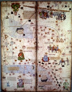 Kartta: Cathayn (Catai) kartta Mongolian Kiinan muinaisesta nimestä Keski-Aasiassa ja Euroopassa. Siellä ovat: Delhi (Intia), Aral-meri, Volga-joki, Kaspianmeri, Kaukasus, Eufrat, Arabian niemimaa ja Dehlin (Intia) kaupungit (jossa t