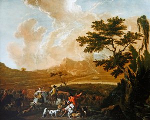 Metsästysjuhla (öljy paneelille) tekijältä Abraham Danielsz. Hondius