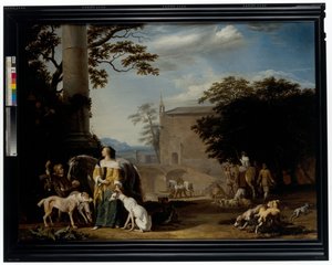 Metsäinen maisema, jossa metsästäjät ja heidän eläimet lepäävät juomapaikalla tekijältä Abraham Danielsz. Hondius