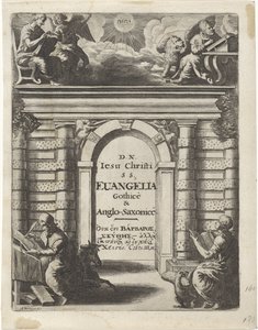 Neljä evankelistaa portin ympärillä Nimisivu: Junius, Franciscus ja Marshall, Thomas. Quatuor D.N. Jeesus Christi S.S. Evangelia Gothicè & Anglo-Saxonicè, 1665 tekijältä Abraham Dircksz. Santvoort