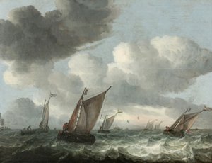 Kalastusveneet rannikolla aaltoilevalla merellä (öljy paneelissa) tekijältä Abraham Hendricksz van Beyeren