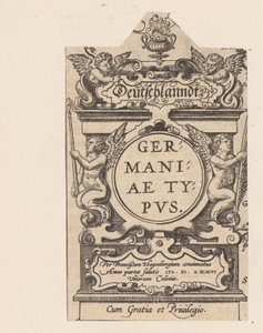 Cartouche tapasi vier putti Cartouche van een kaart van Duitsland Saksa Saksan tyyppi (otsikko esineessä) Theatrum Orbis Terrarum (sarjan nimi) tekijältä Abraham Hogenberg