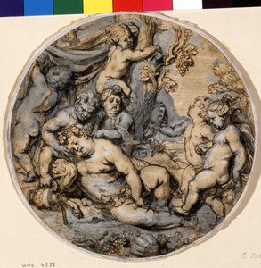 ""Bacchus endormi"" (Sleeping Bacchus) Häntä ympäröi putti, satyyri, Abraham Jansz van Diepenbeeckin (1596-1675) mustepiirustus 1600-luvun Pushkin-museo, Moskova