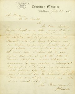 Kirje allekirjoittanut A.Lincoln, Executive Mansion, Washington, hänen ylhäisyydelleen, H.R. Gamble, 23. heinäkuuta 1863