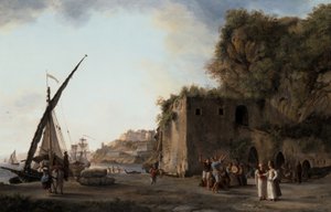 Pari: Satamanäkymä, jossa kauppiaat ja merimiehet soittavat musiikkia tekijältä Abraham Louis Rudolph Ducros