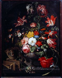 Kissa kaataa kukkamaljakon. Abraham Mignonin (1640-1679) maalaus ec. kaikki