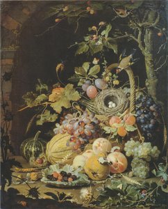 Saksa: Ein Vogelnest im Fruchtkorb Lintupesä hedelmäkorissa. tekijältä Abraham Mignon