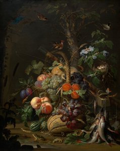 Asetelma hedelmien, kalan ja pesän kanssa, c. 1675.