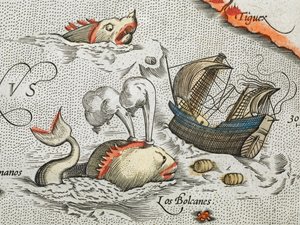 (Yksityiskohta). Merihirviöt hyökkäämässä laivaan. tekijältä Abraham Ortelius