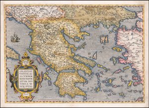 Abraham Orteliuksen vuonna 1584 laatima Kreikan ja Egeanmeren kartta. tekijältä Abraham Ortelius