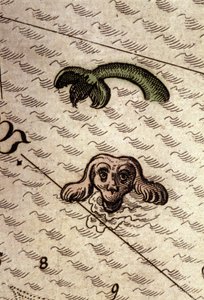 Merihirviöllä on koiran pää ja kalan ruumis. Yksityiskohta kartasta Theatrum Orbis Terrarumissa, kirjoittanut Abraham Ortelius, Antwerpen 1584. tekijältä Abraham Ortelius