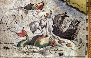 Valas hyökkää laivan kimppuun. Levy kartanografi Abraham Orteliuksen (1527-1598) "Theatrum Orbis Terrarum" -painoksesta tekijältä Abraham Ortelius