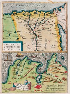 Uudempi kuvaus Egyptistä. - Carthage Bay -tyyppi Egyptin maantieteellinen kartta Niilin ja Kartagon (Tunisia) kaupungeista Abraham Orteliuksen (Oertel, Ortell tai Ortel) "Theatrum Orbis Terrarumista"
