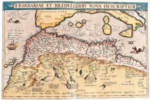 Barbariae ja Biledulgerid, Uusi kuvaus. Pohjois-Afrikan maantieteellinen kartta Abraham Orteliuksen (Oertel, Ortell tai Ortel) "Theatrum Orbis Terrarumista" tekijältä Abraham Ortelius
