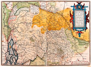 Alankomaiden eteläpuolisen alueen maantieteellinen germaanilainen (Kempeland) kartta otettu Abraham Orteliuksen (Oertel, Ortell tai Ortel) "Theatrum Orbis Terrarumista" tekijältä Abraham Ortelius
