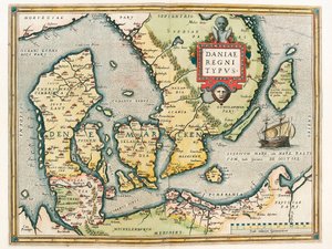 Tanskan kuningaskunta Tyyppi Tanskan ja Etelä-Ruotsin alueen maantieteellinen kartta Abraham Orteliuksen (Oertel, Ortell tai Ortel) "Theatrum Orbis Terrarumista" tekijältä Abraham Ortelius