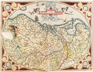 Kuvaus Ala-Saksan maantieteellisestä kartasta Alankomaiden germaanin alueesta "Theatrum Orbis Terrarumista", kirjoittanut Abraham Ortelius (Oertel, Ortell tai Ortel tekijältä Abraham Ortelius